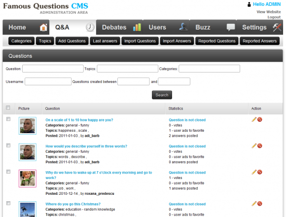 Dashboard - Famous Questions CMS - 2